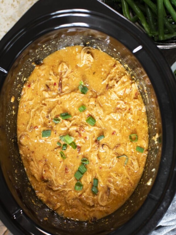 cooked sweet chili chicken in a slow cooker.