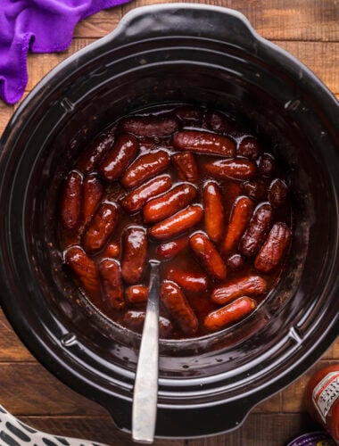 grape jelly and chili sauce little smokies in slow cooker, cooked