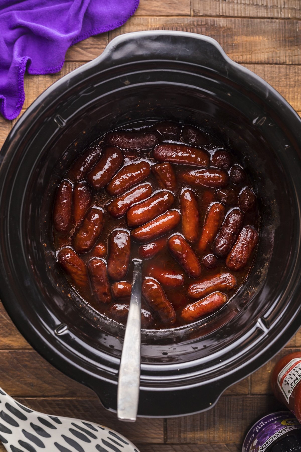 grape jelly and chili sauce little smokies in slow cooker, cooked