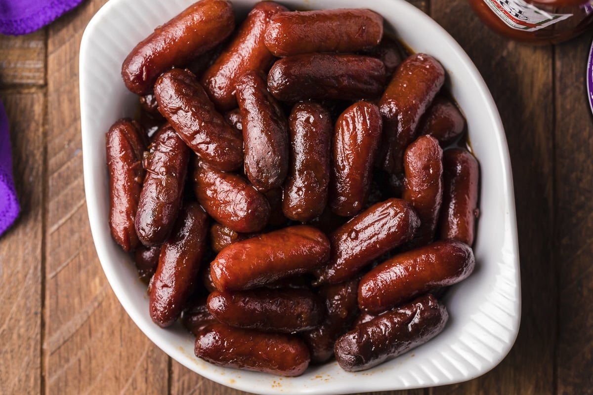 little smokies cooked in white bowl