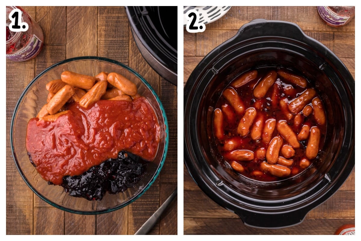 2 image collage on how to assemble grape jelly lit'l smokies