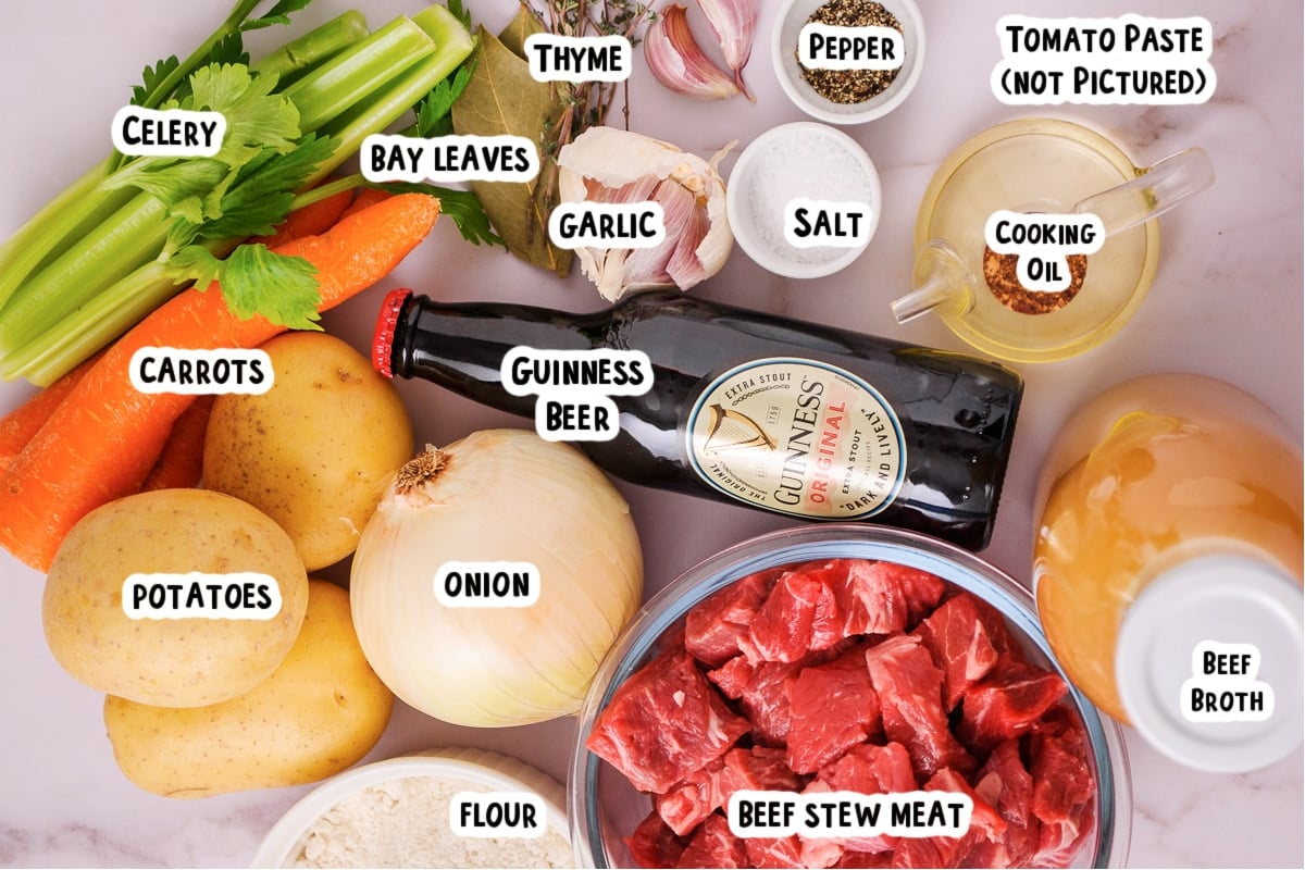 ingredients for guinness beef stew on table