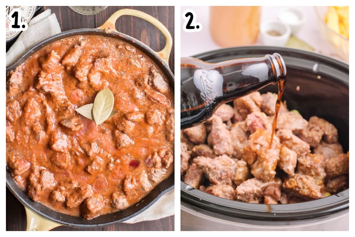 2 image collage of how to assemble guinness beef stew