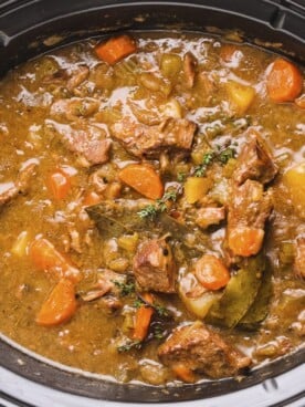close up of guinness beef stew in a crockpot