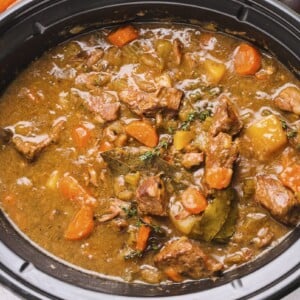 close up of guinness beef stew in a crockpot