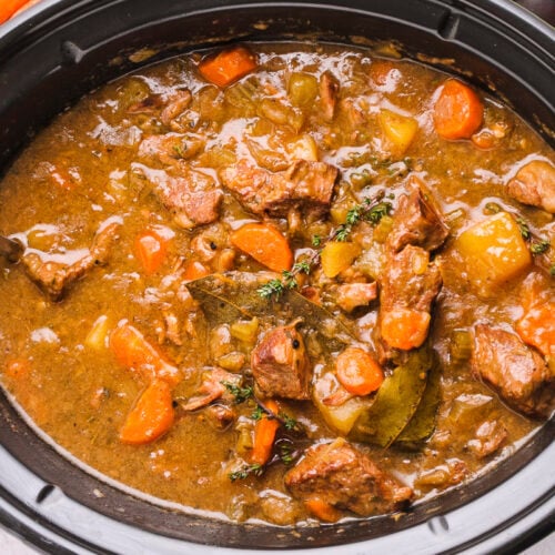 close up of guinness beef stew in a crockpot