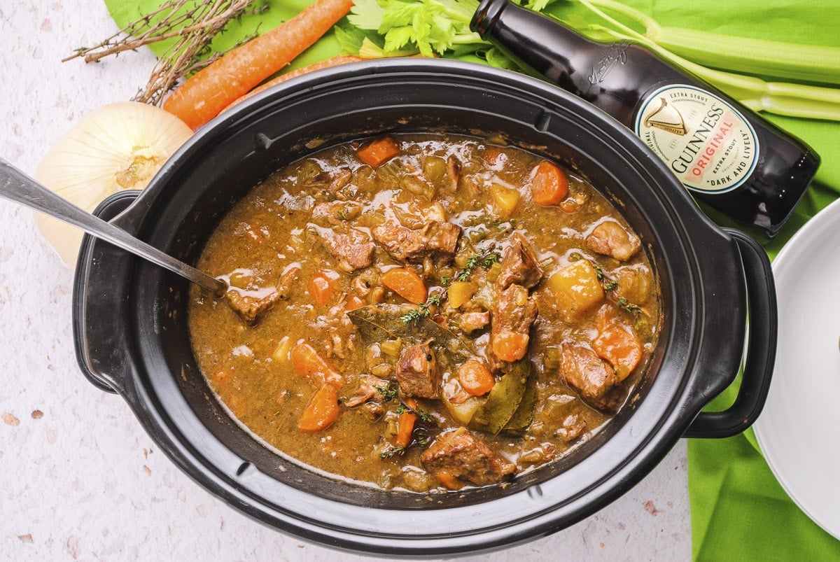 slow cooker full of guinness beef stew