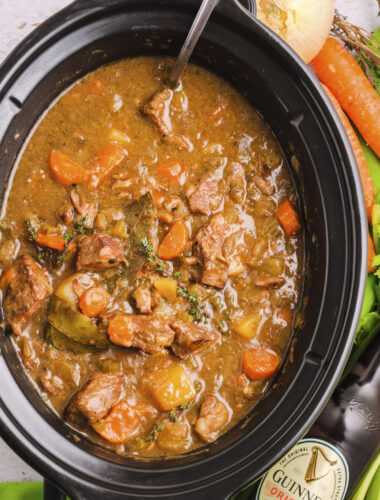 close up of guinness beef stew in slow cooker