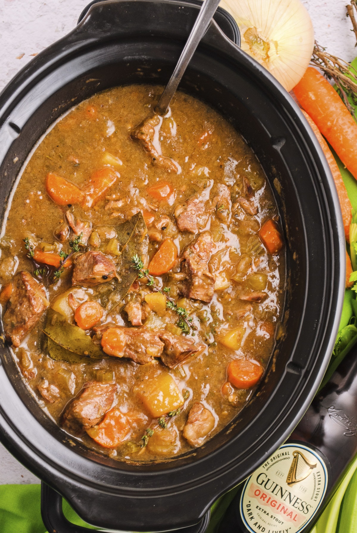 close up of guinness beef stew in slow cooker