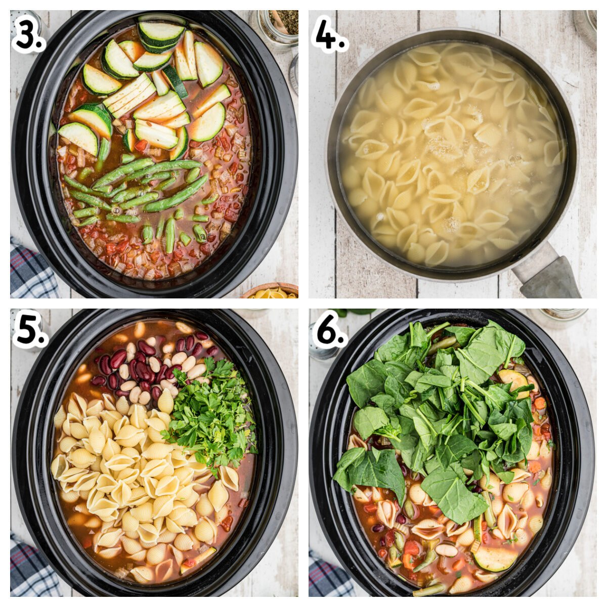 4 images on how to add zucchini, green beans, pasta, parsley and spinach to minestrone