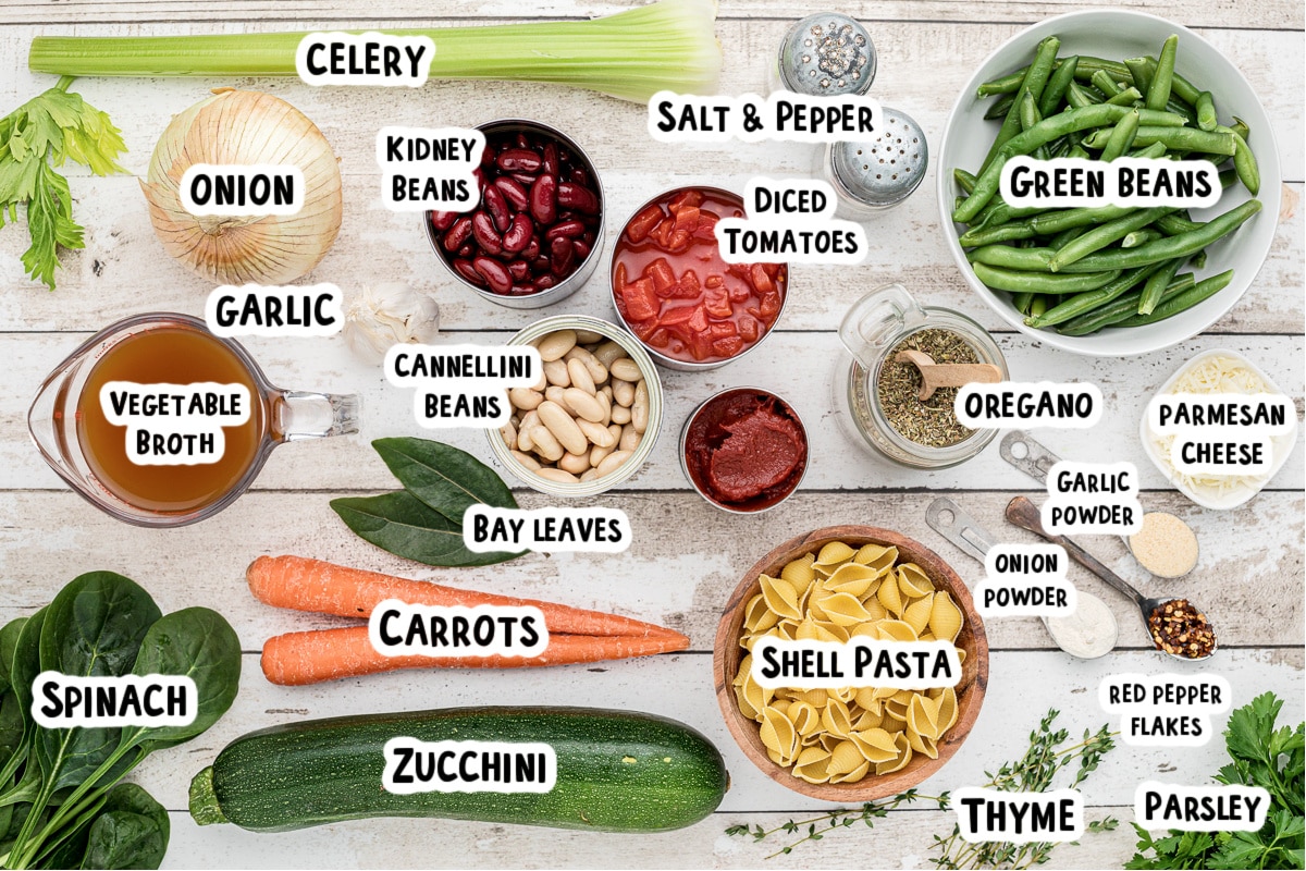 ingredients for minestrone on table with text labels