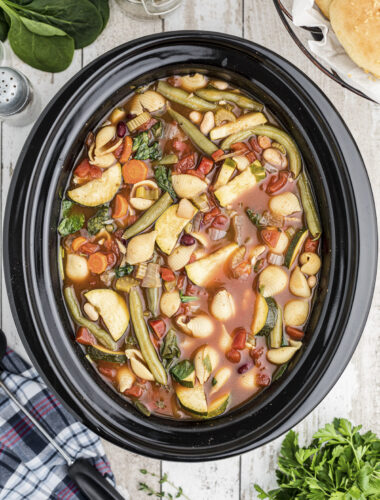 minestrone soup done cooking in a crockpot