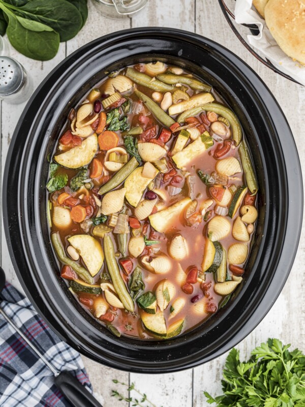 minestrone soup done cooking in a crockpot