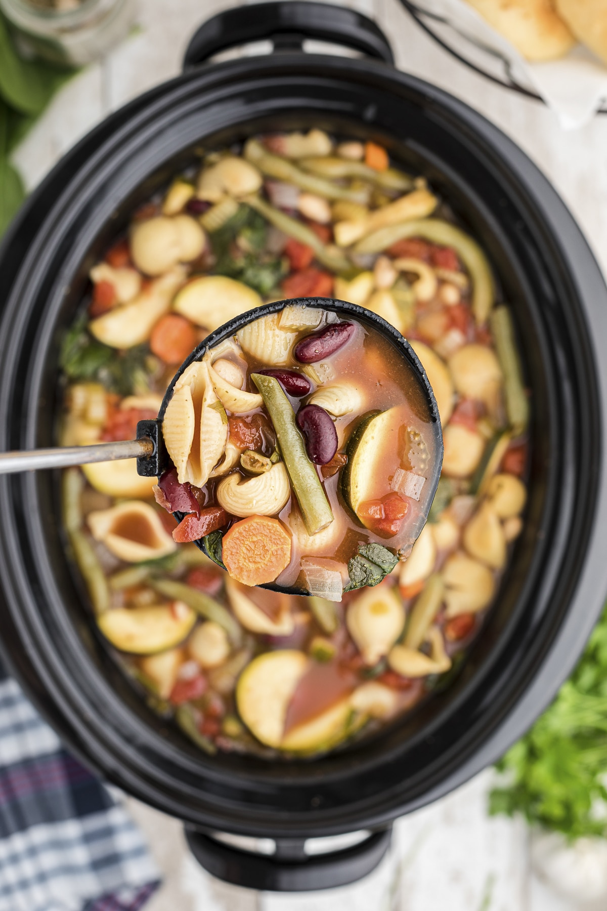 Minestrone soup on a spoon