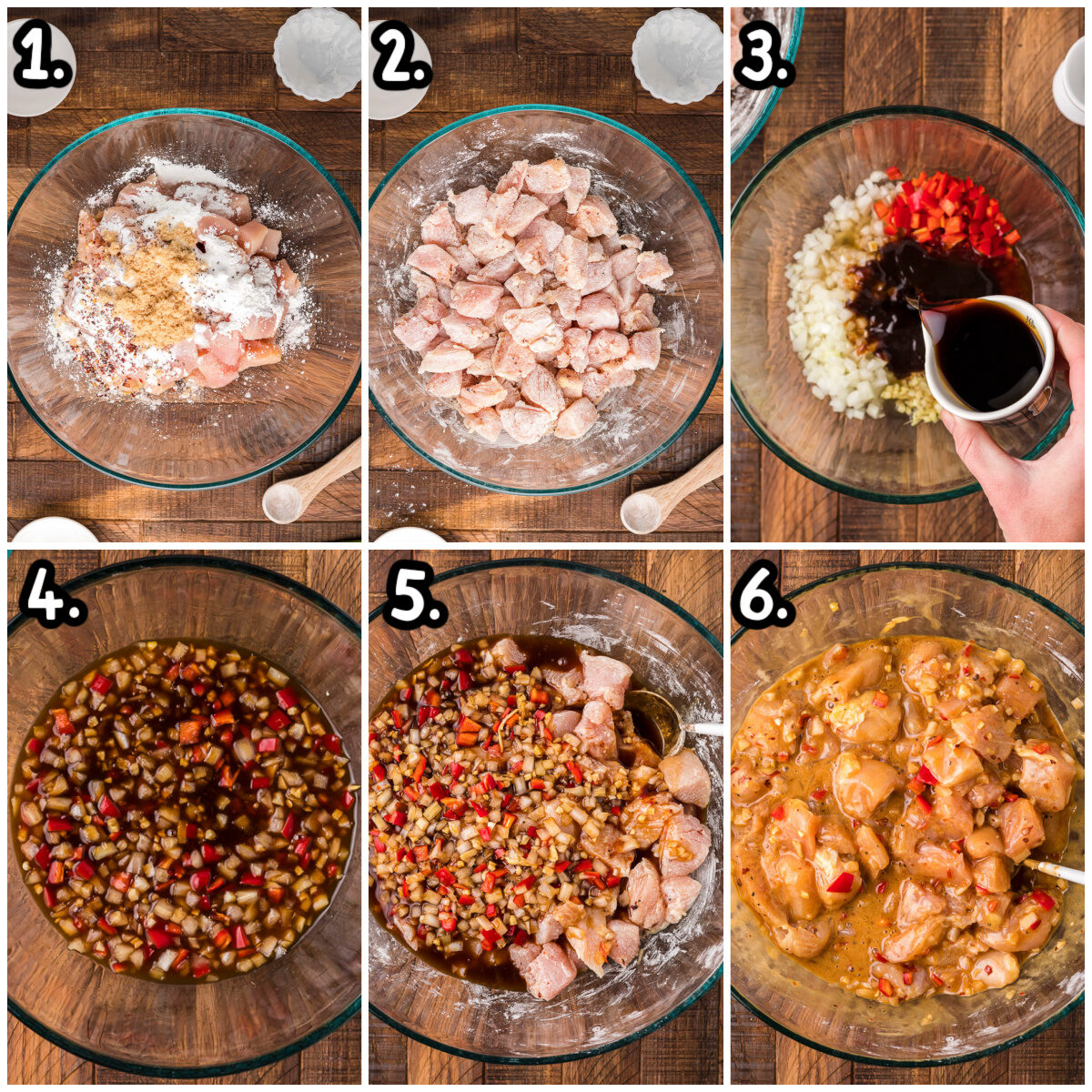 6 image collage on how to mix ingredients with chicken for mongolian chicken