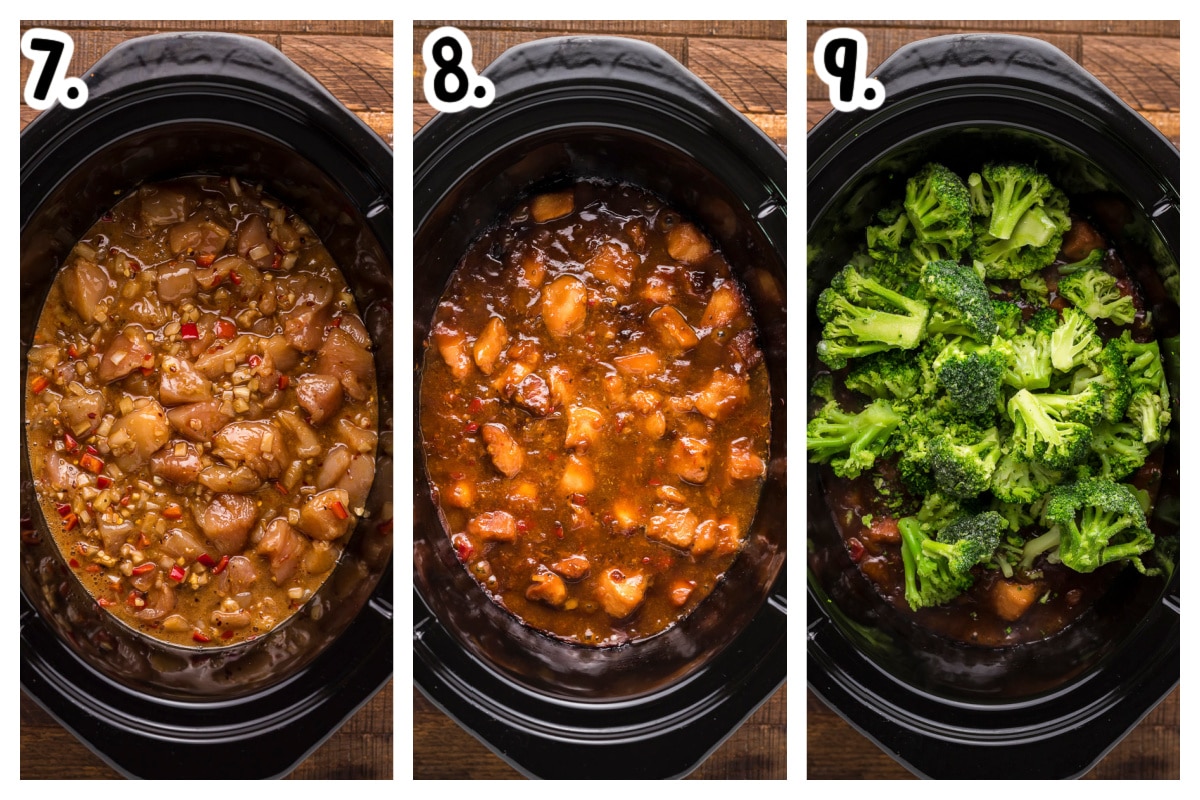 3 image collage on how to add ingredients to slow cooker for mongolian chicken
