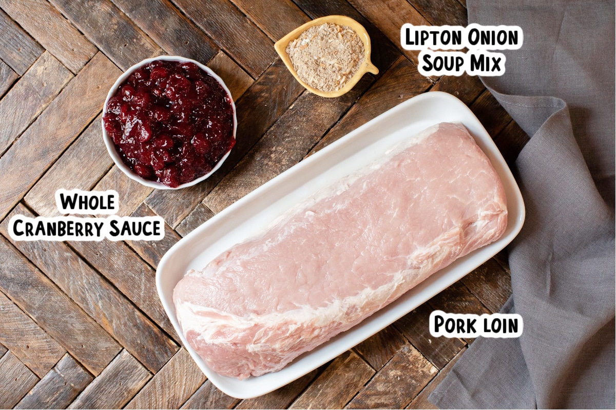 ingredients for pork loin on table with text overlay