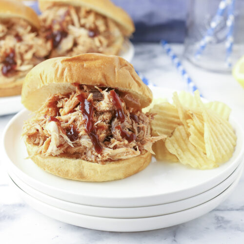 close up on one bbq pork sandwich on a plate