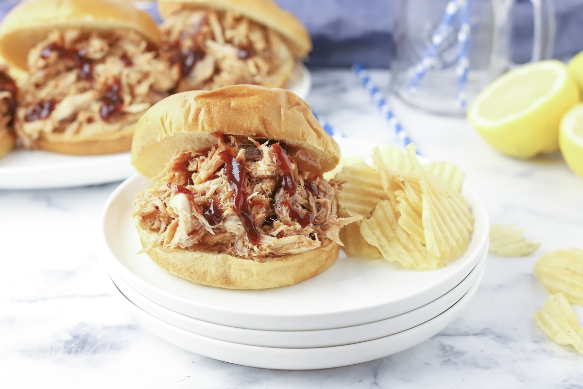 close up on one bbq pork sandwich on a plate