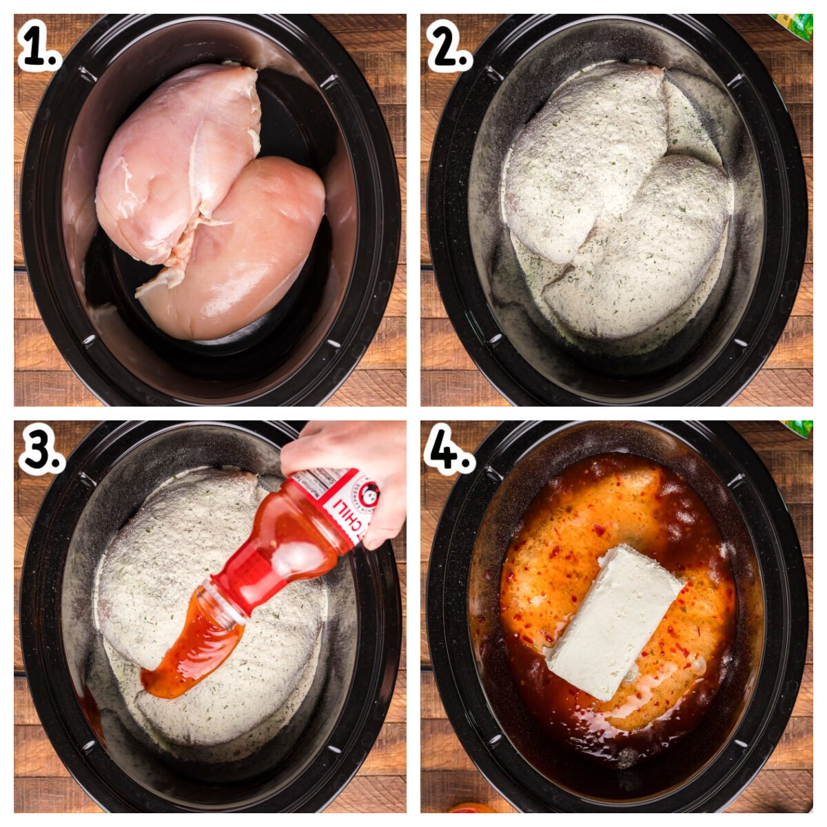 collage on how to add ingredients to slow cooker for sweet chili chicken