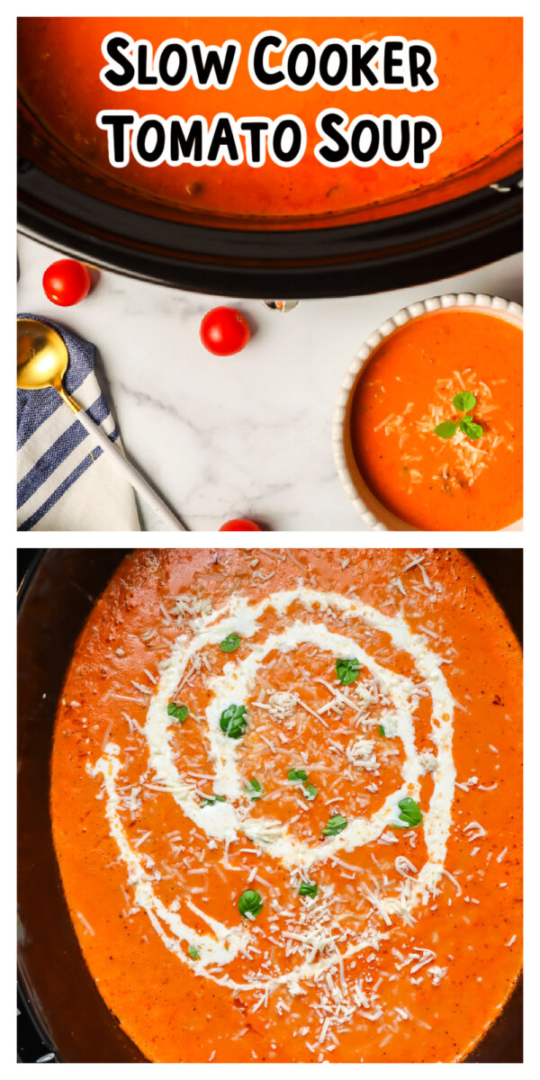 Long image of tomato soup with text overlay for pinterest