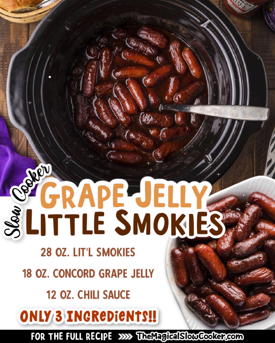 2 images of grape jelly smokies with ingredients labels.