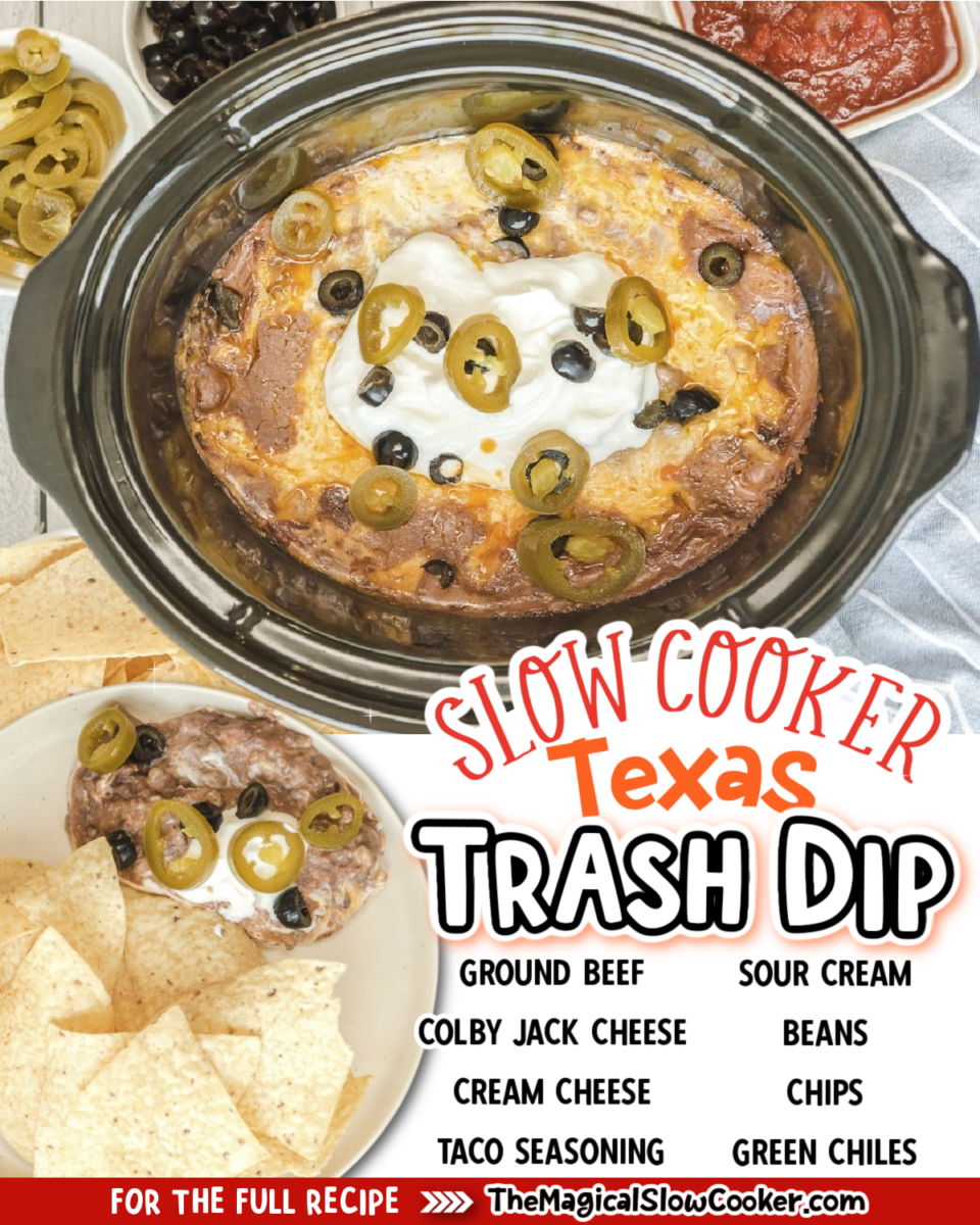 Collage of texas trash dip with the ingredients labeled in text.
