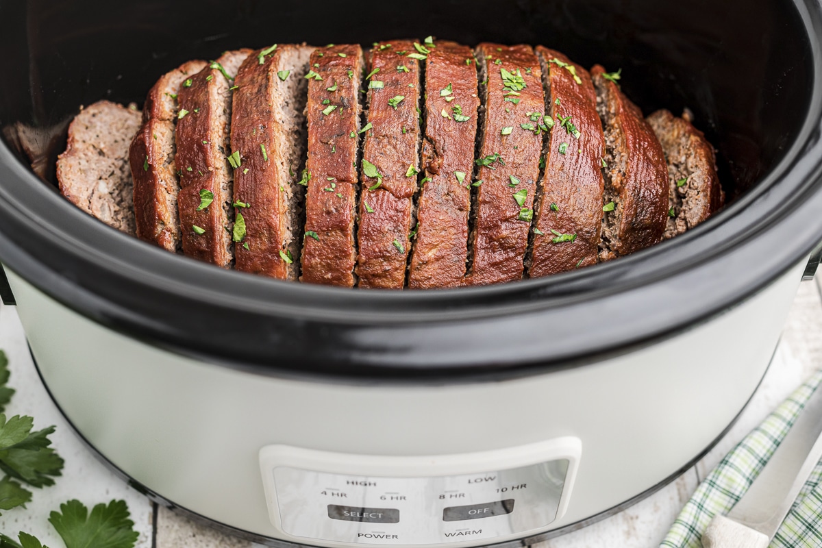 side view of meatloaf in slow cooker