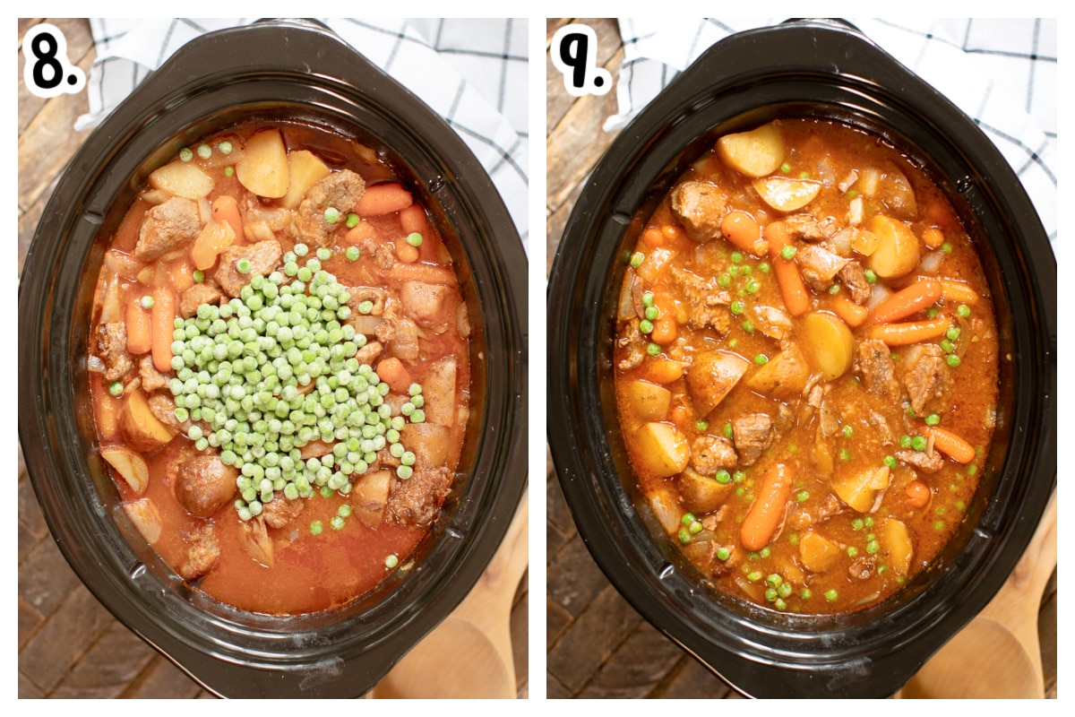 peas being added to crockpot beef stew