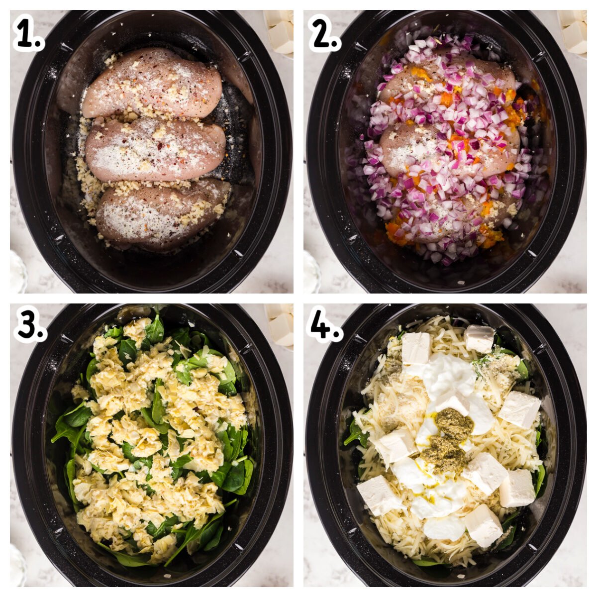 collage about how to add ingredients for chicken spinach artichoke chicken pasta to crockpot