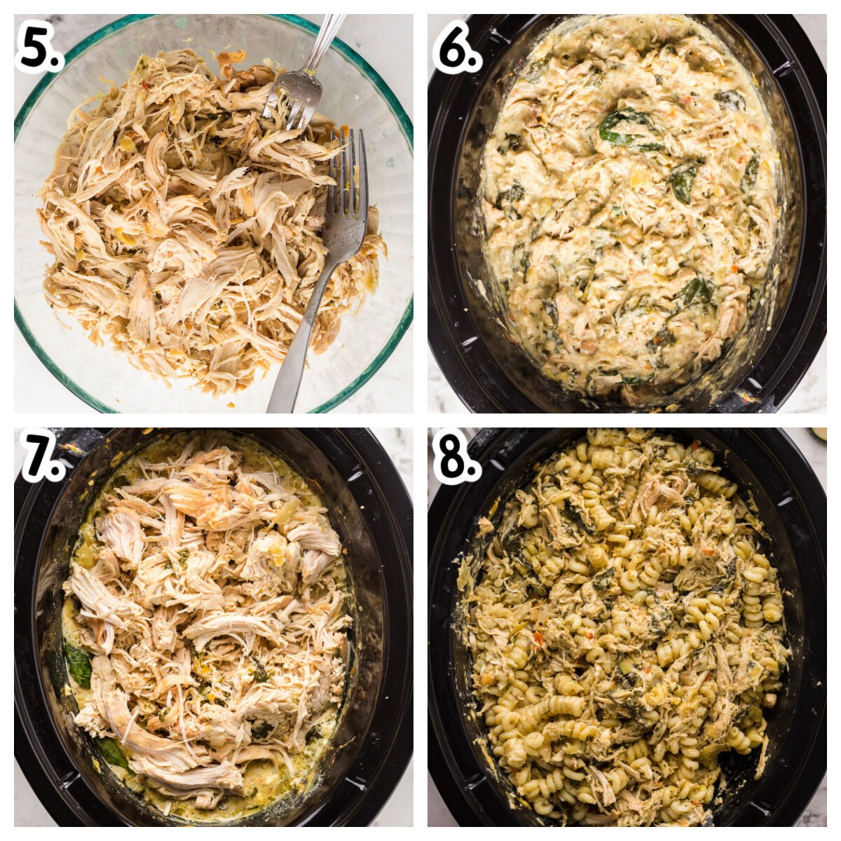 how to shred chicken and add pasta to slow cooker for chicken spinach pasta
