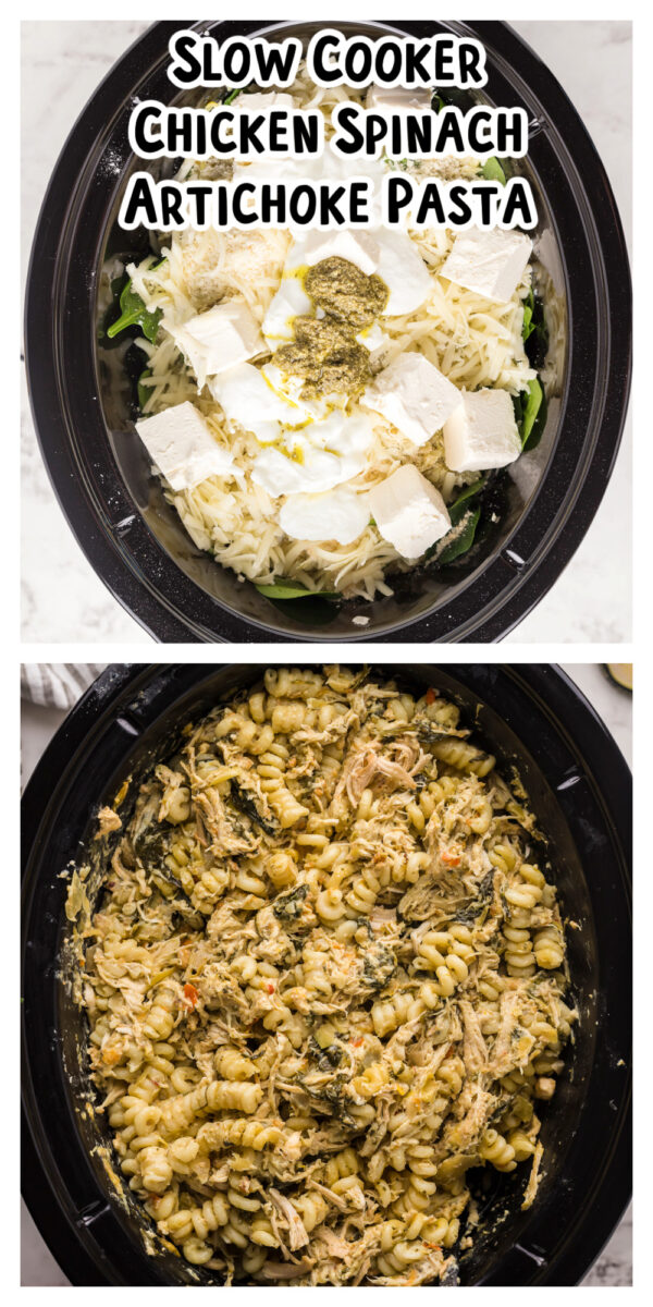2 image collage of before and after cooking chicken spinach artichoke pasta