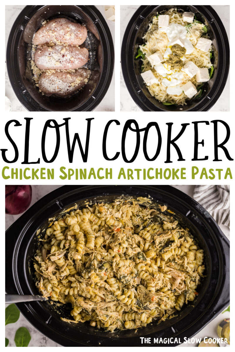 collage of spinach artichoke chicken pasta