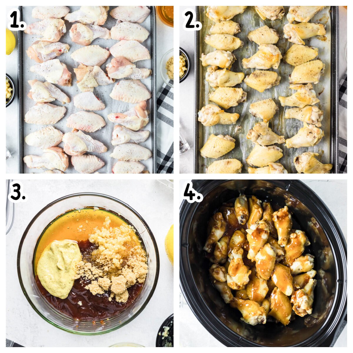 collage of how to assemble honey mustard wings, by browning in oven and adding to slow cooker
