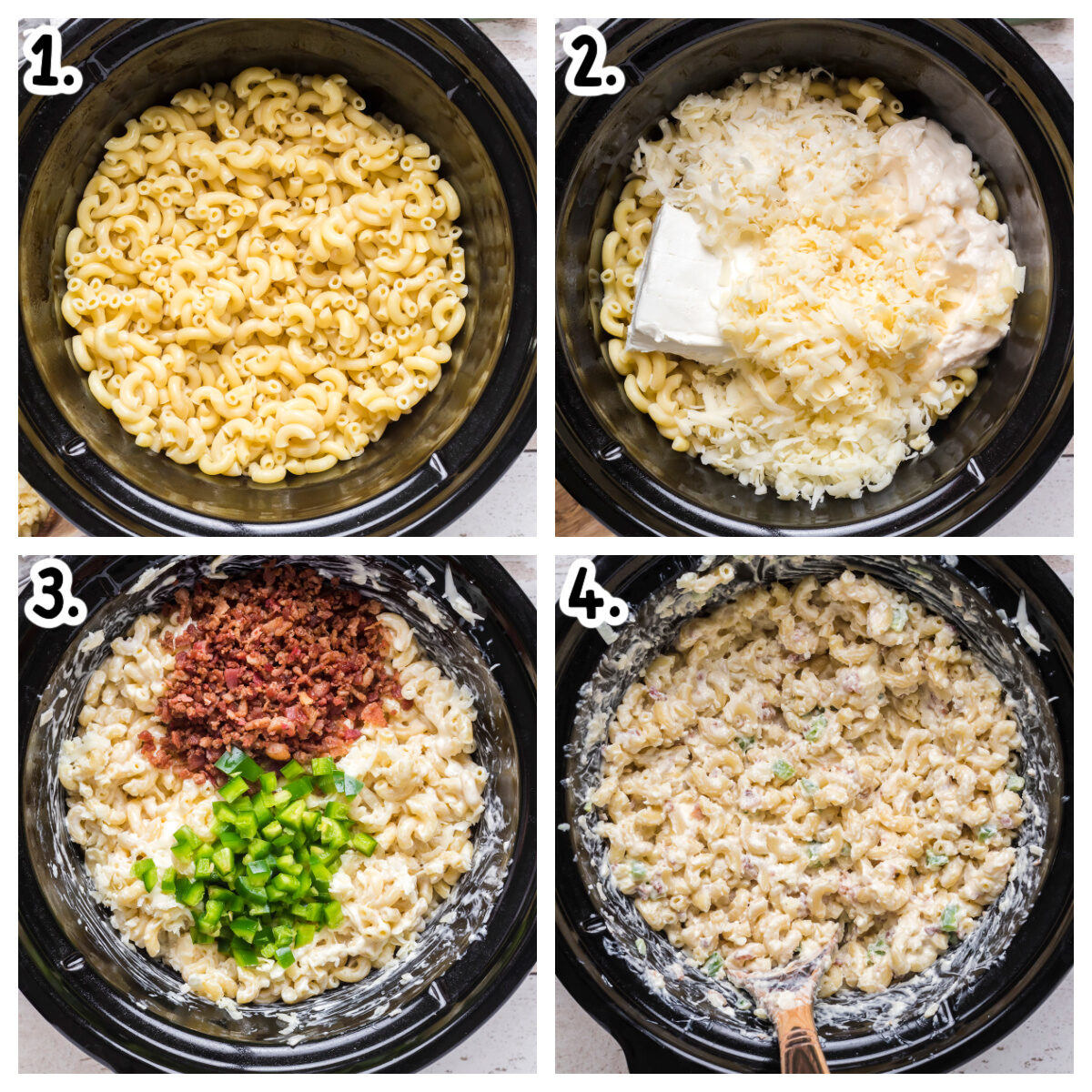 4 image collage on how to add ingredients for jalapeno mac and cheese to crockpot