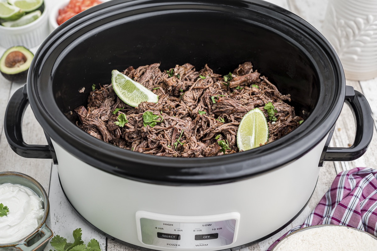 side view of mexican shreded beef in slow cooker