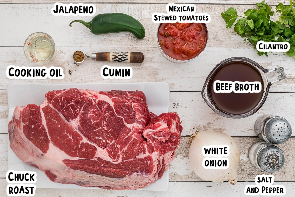 ingredients for mexican shredded beef on a table