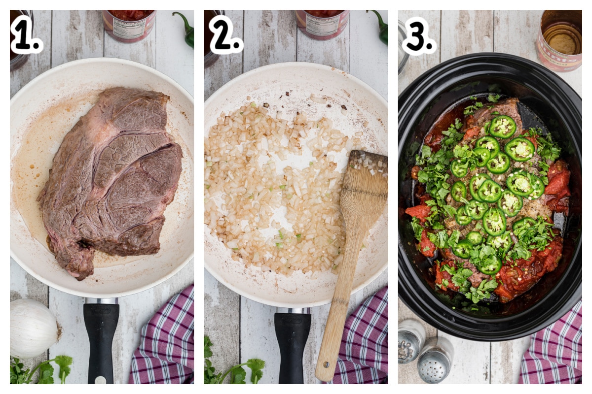 collage on browning chuck roast, sauteing oinions and adding other ingredients to slow cooker