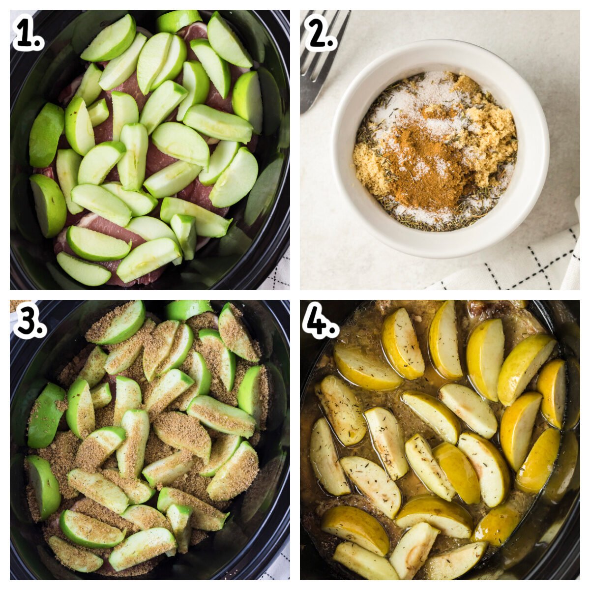 collage on how to assemble pork chops and apples in slow cooker