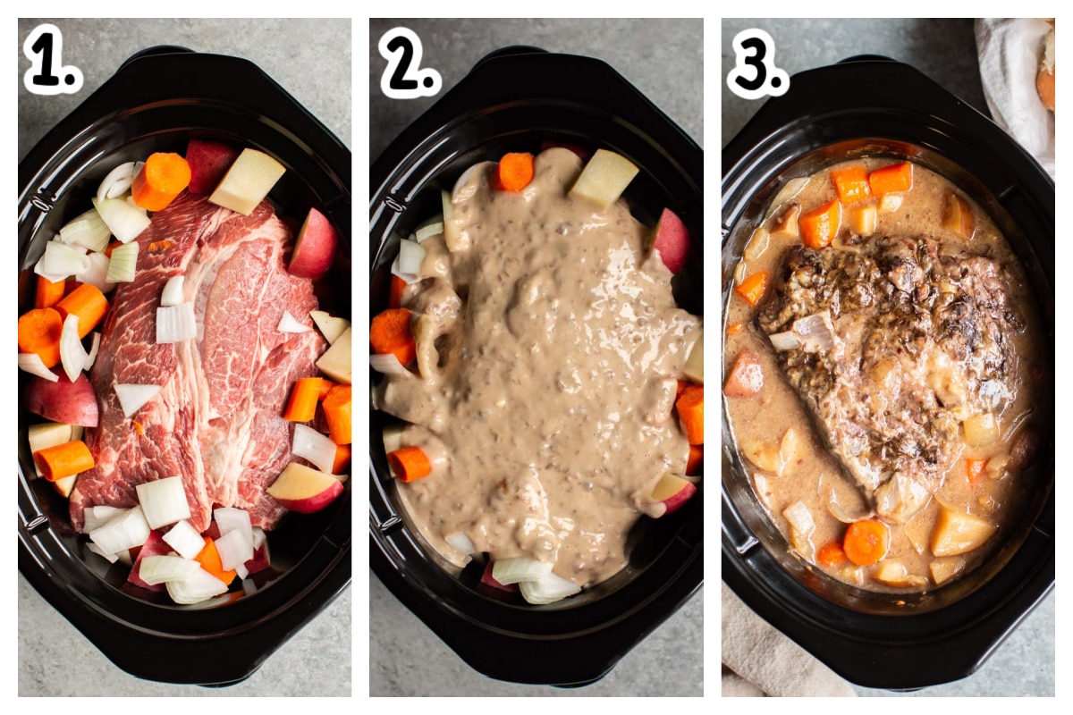 3 images on how to add ingredients to slow cooker for pot roast dinner