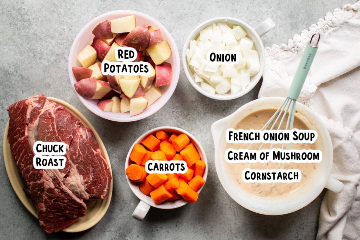 ingredients for pot roast on table with text overlay
