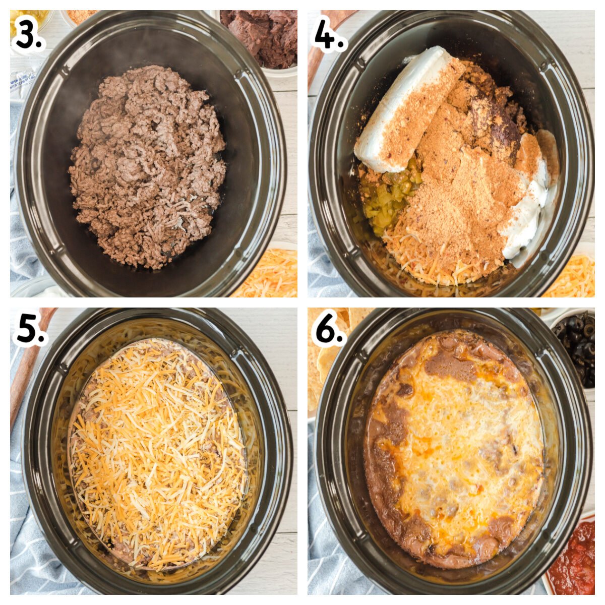 collage of how to add ingredients for texas trash dip in crockpot