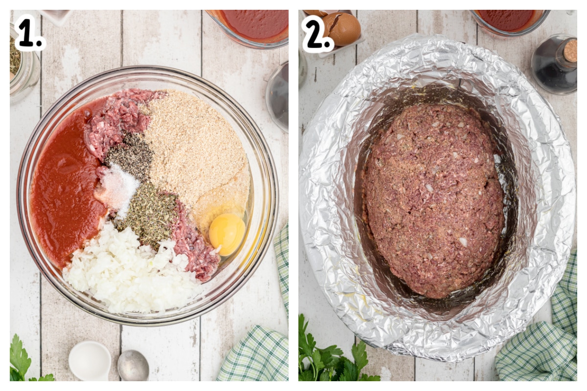 how to mix meatloaf ingredients and how to shape it into the slow cooker