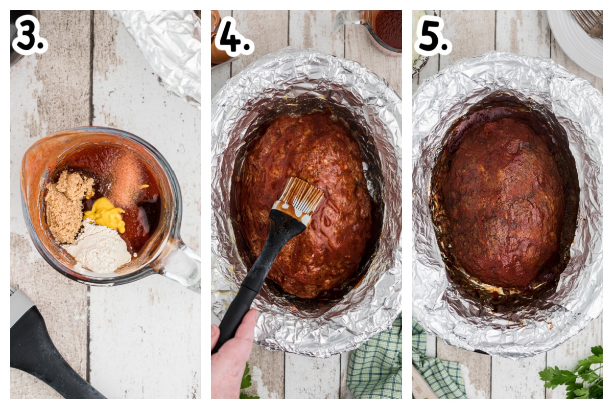 3 images on now to make glaze for meatloaf and how to add it on top of meatloaf