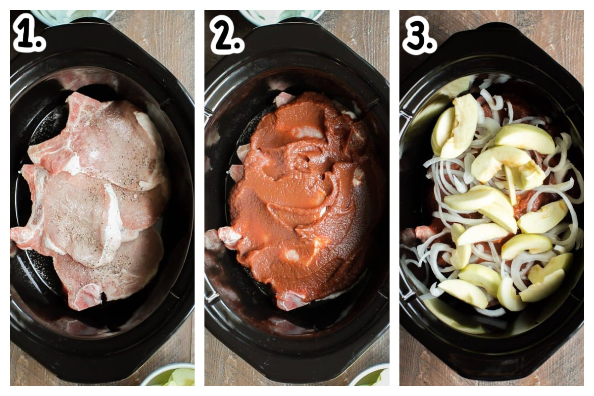 3 image collage on how to add pork chops and other ingredients for apple butter pork chops