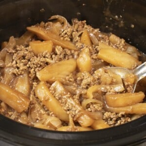 cooked beef and potato casserole in crockpot