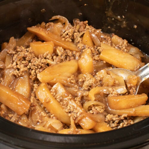 cooked beef and potato casserole in crockpot