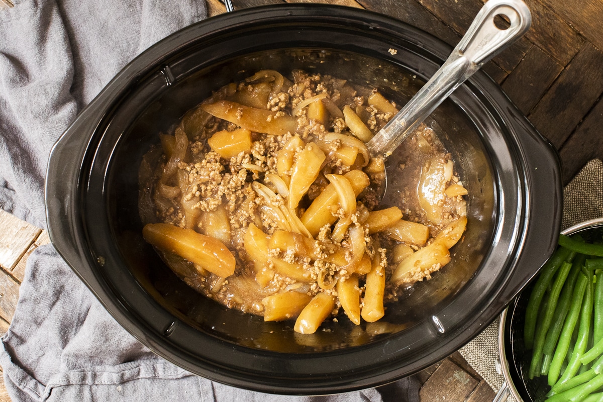 overhead shot of beef and potato casserole