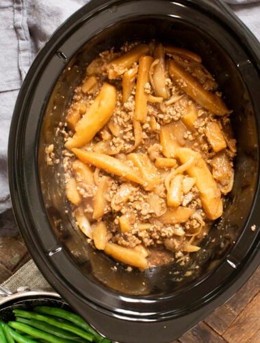 close up of hamburger casserole in slow cooker