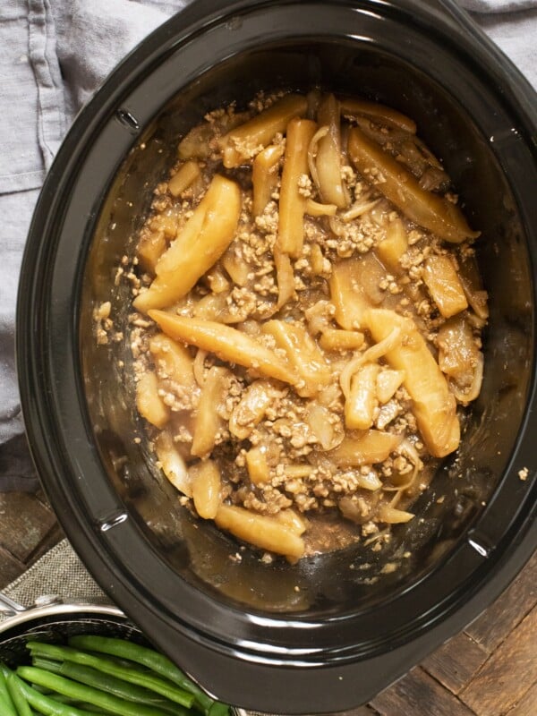 close up of hamburger casserole in slow cooker
